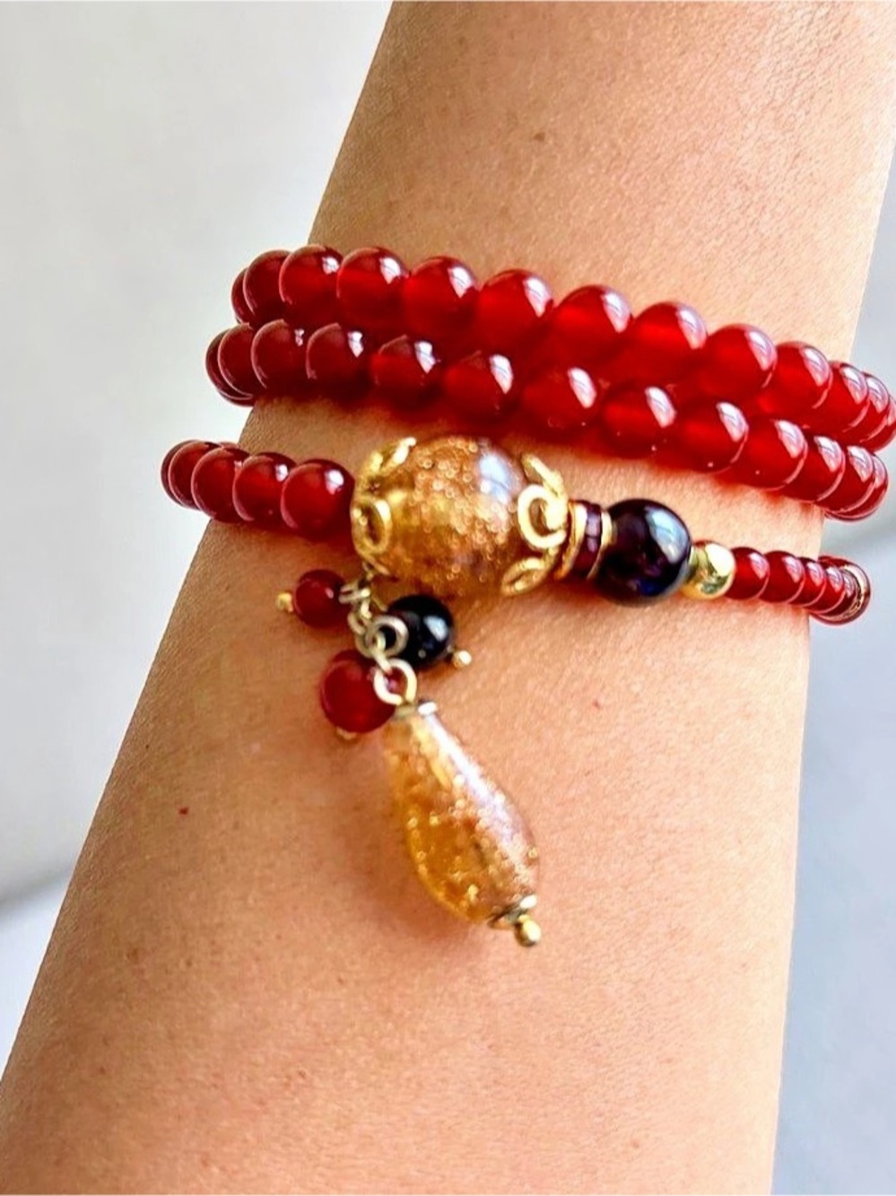 Red & Gold Beaded Pendant Bracelet